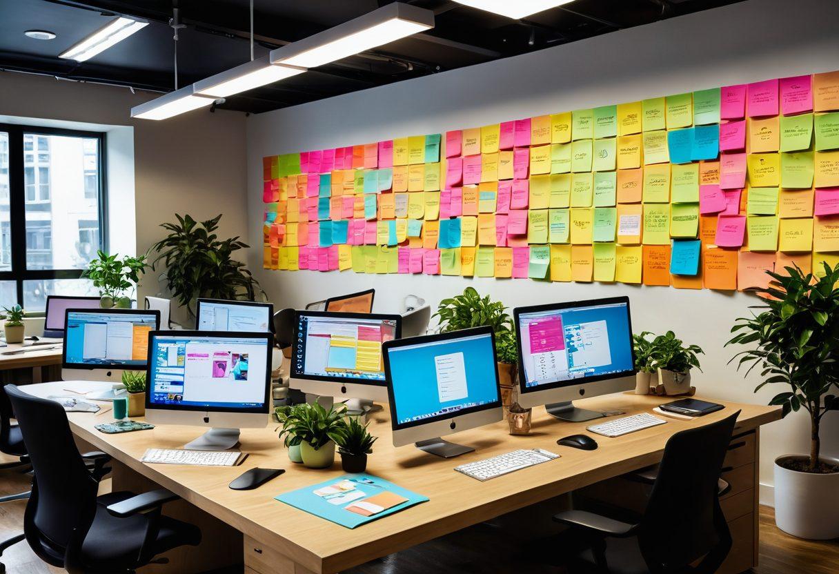 A dynamic workspace filled with diverse professionals collaborating at a large table, featuring colorful post-it notes and user-friendly interface designs displayed on screens. Bright and cheerful elements like coffee mugs and plants symbolize a happy atmosphere, while overlaying digital patches suggest software updates. The environment exudes creativity and innovation. vibrant colors. modern flat design.