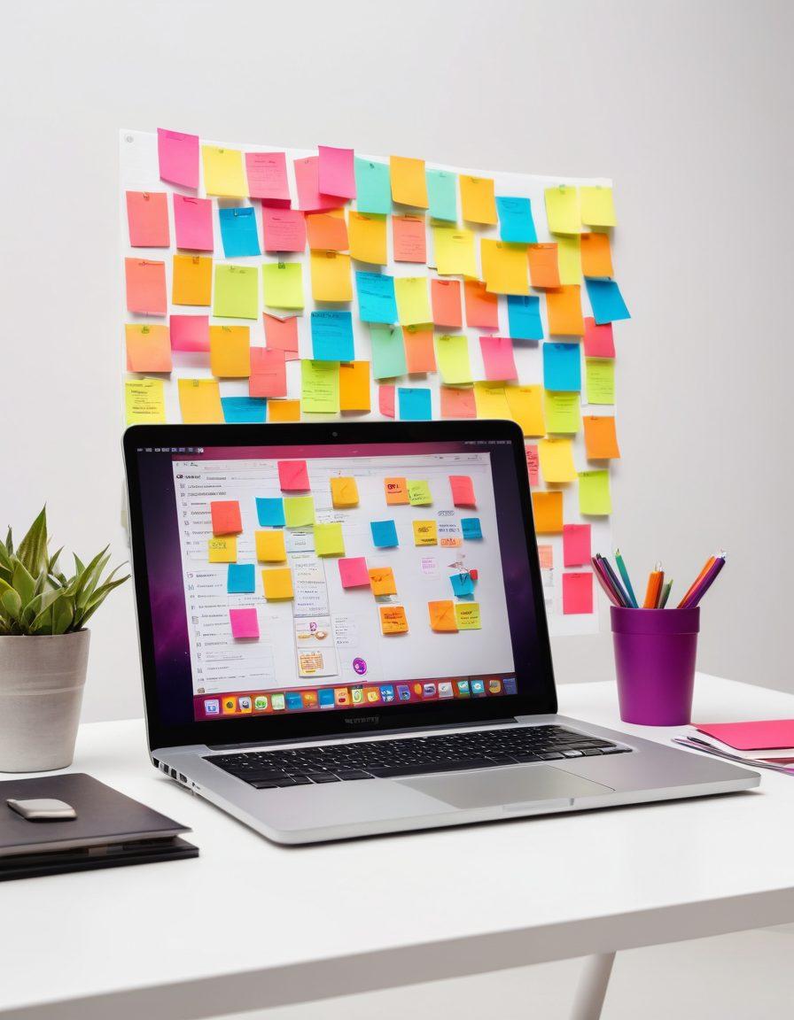 A vibrant workspace filled with colorful sticky notes representing ideas and solutions, an open laptop displaying a productivity app, joyful people collaborating and sharing ideas, and a bright light bulb symbolizing inspiration above them. super-realistic. vibrant colors. white background.